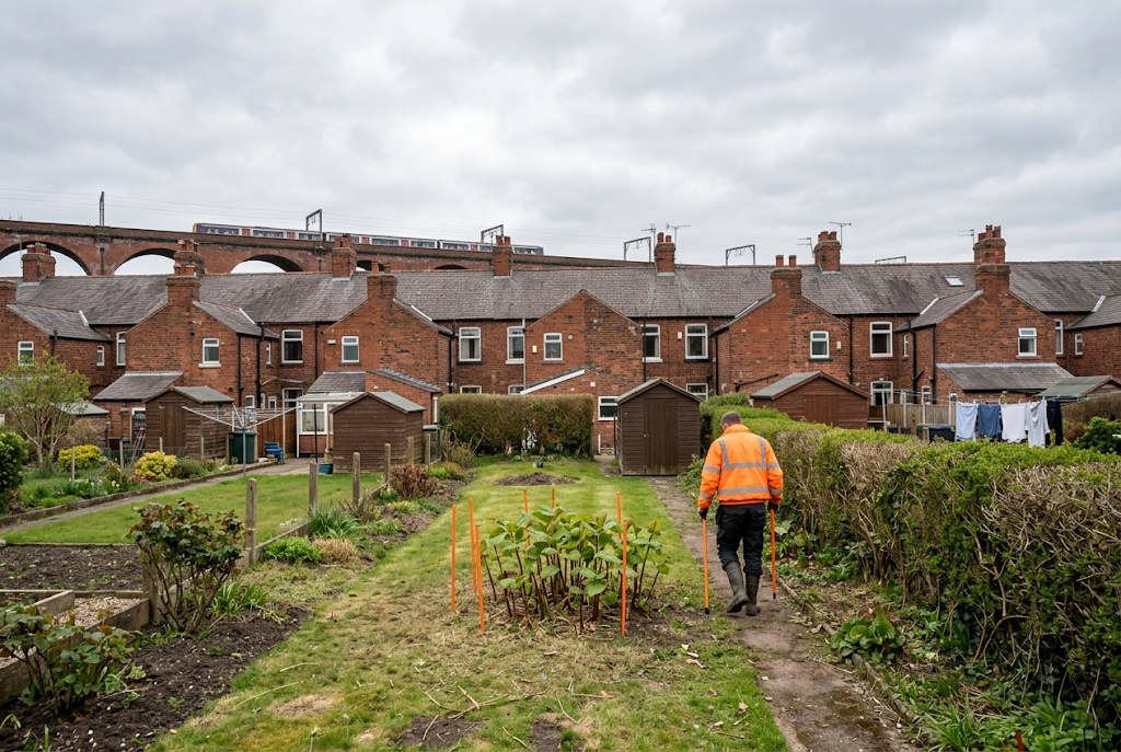 A surveyor marking out a stand along a long terraced garden.